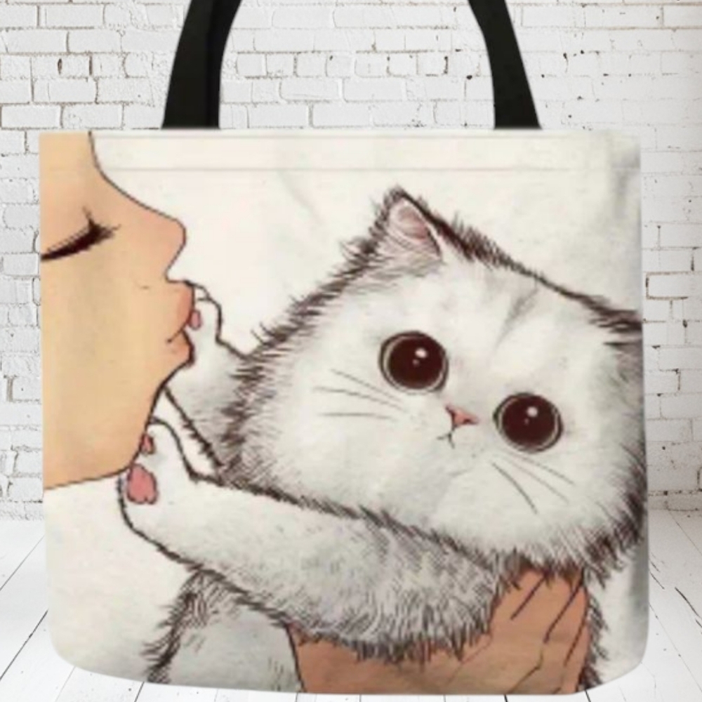 NEW Kissing Kitty Cat Print Tote Bag Large Reusable White Kitty #7